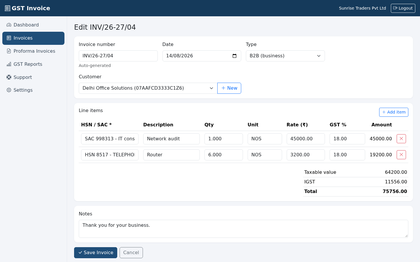 GST Invoice - Invoice Creation